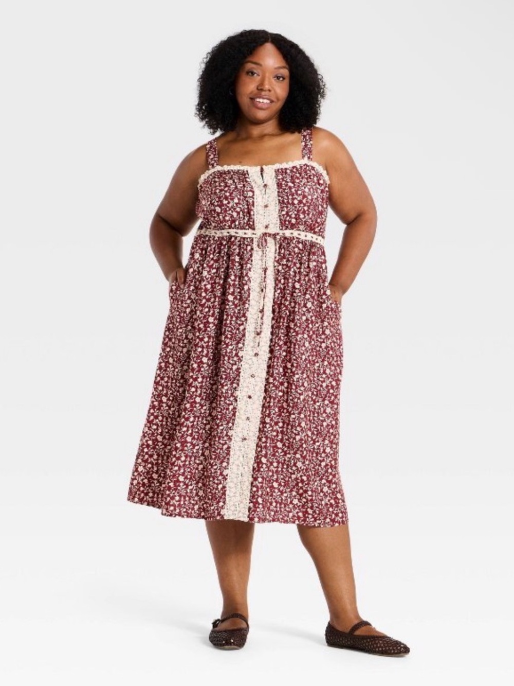 Ava & Viv Women's Sleeveless Button-Up Tie Waist Lace Trim Botanical Midi Dress